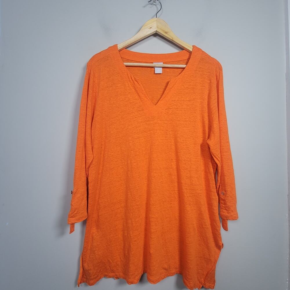 Chicos Womens 2/L Linen Knit 3/4 Rol Tab Sleeve V Neck Top Shirt Orange